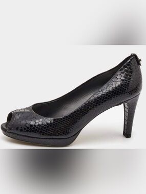 STUART WEITZMAN Peep Toe Black Leather Plainfield Platform Snake Print Size 9.5